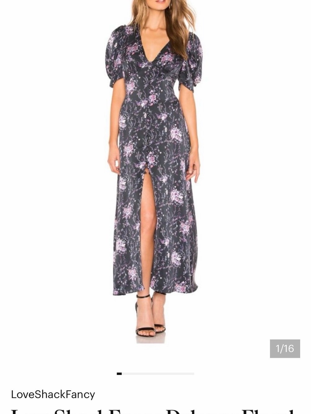 LoveShackFancy Black and Pink Floral Puff-Sleeve Maxi Dress